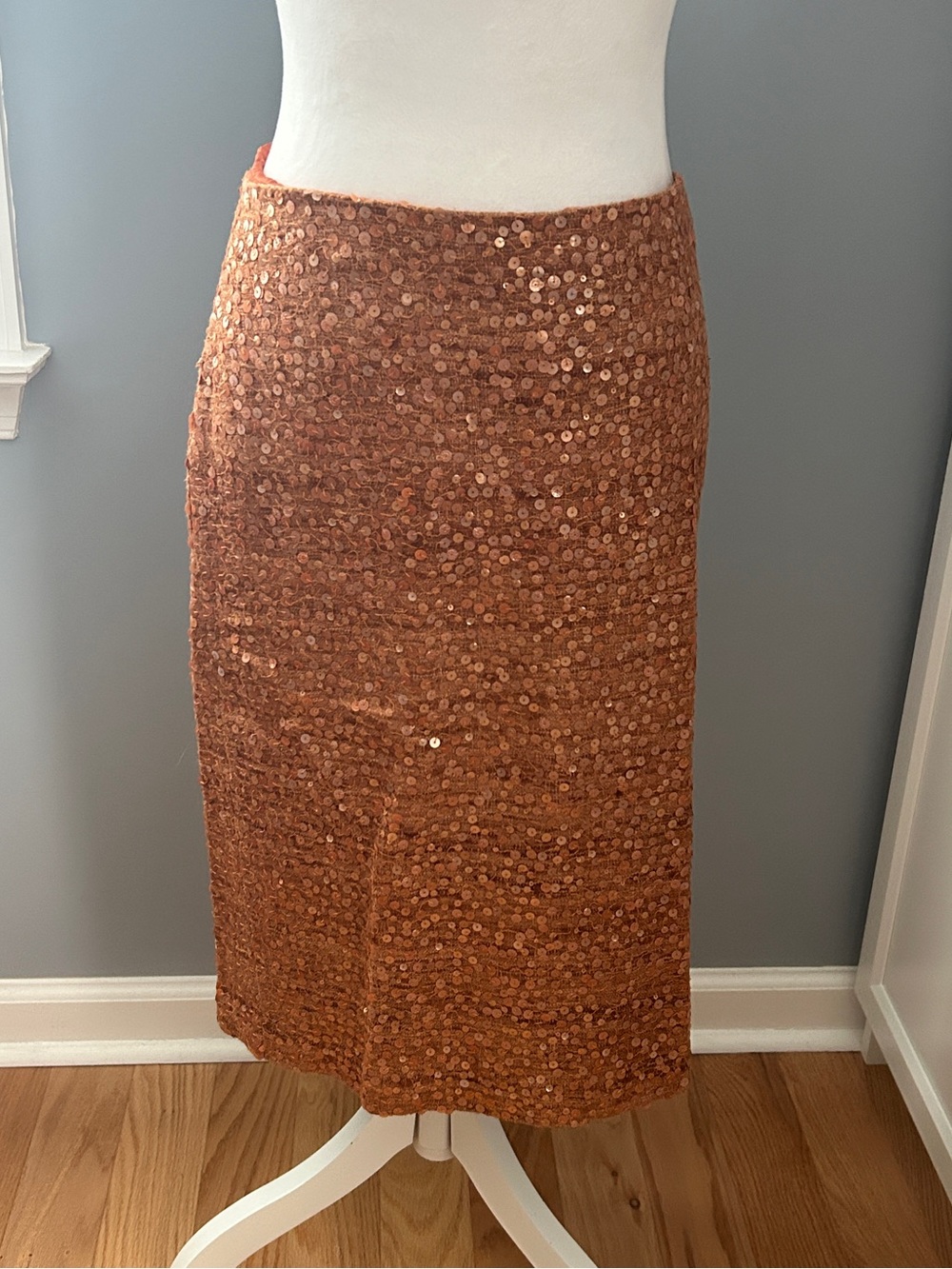 David Meister Sequin Pencil Skirt Size 8 Copper Orange Metallic Party Silk